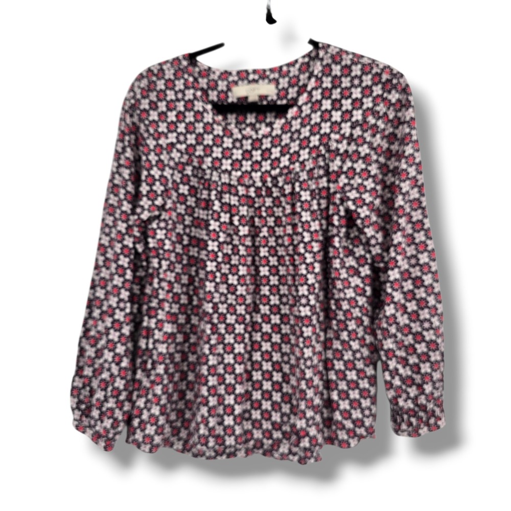 LOFT Petites Purple Red Floral Geometric Rayon Blouse MP Long Sleeve Scoop Neck